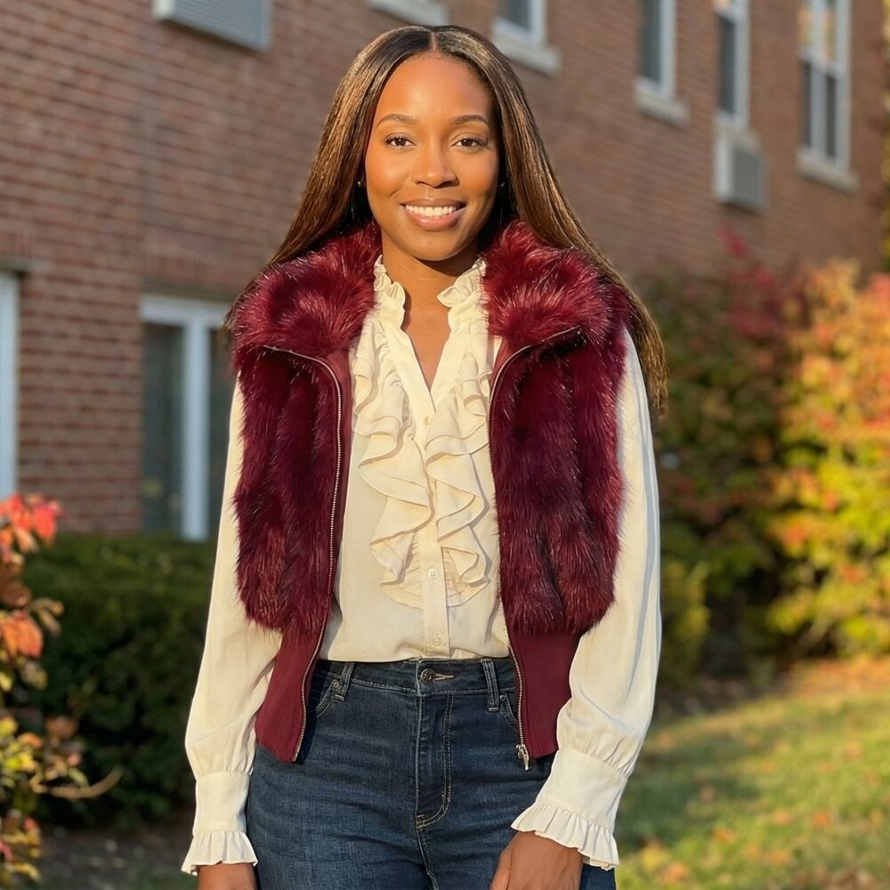 Burgundy Faux Fur Sleeveless Zip Jacket | High Collar Cropped Vest | XXL (14) - Picture 2 of 9